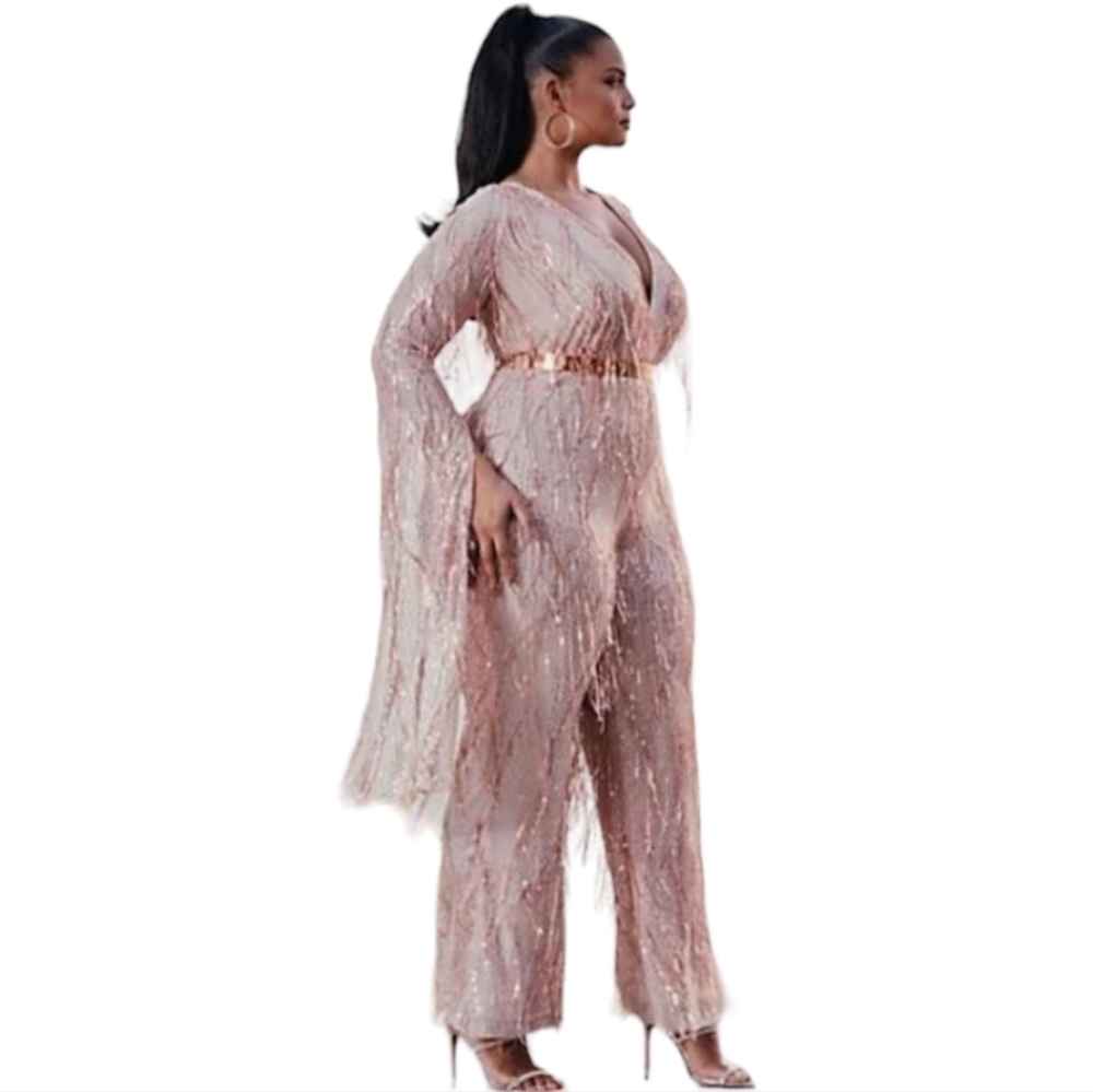 Black Label Eva Sequin Fringe Jumpsuit - Picture 1 of 5